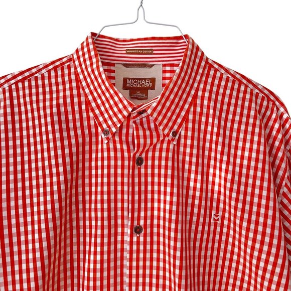 Michael Kors Red White Gingham Button-Up Shirt Size XXL Cotton Long Sleeve Mens - Picture 4 of 7